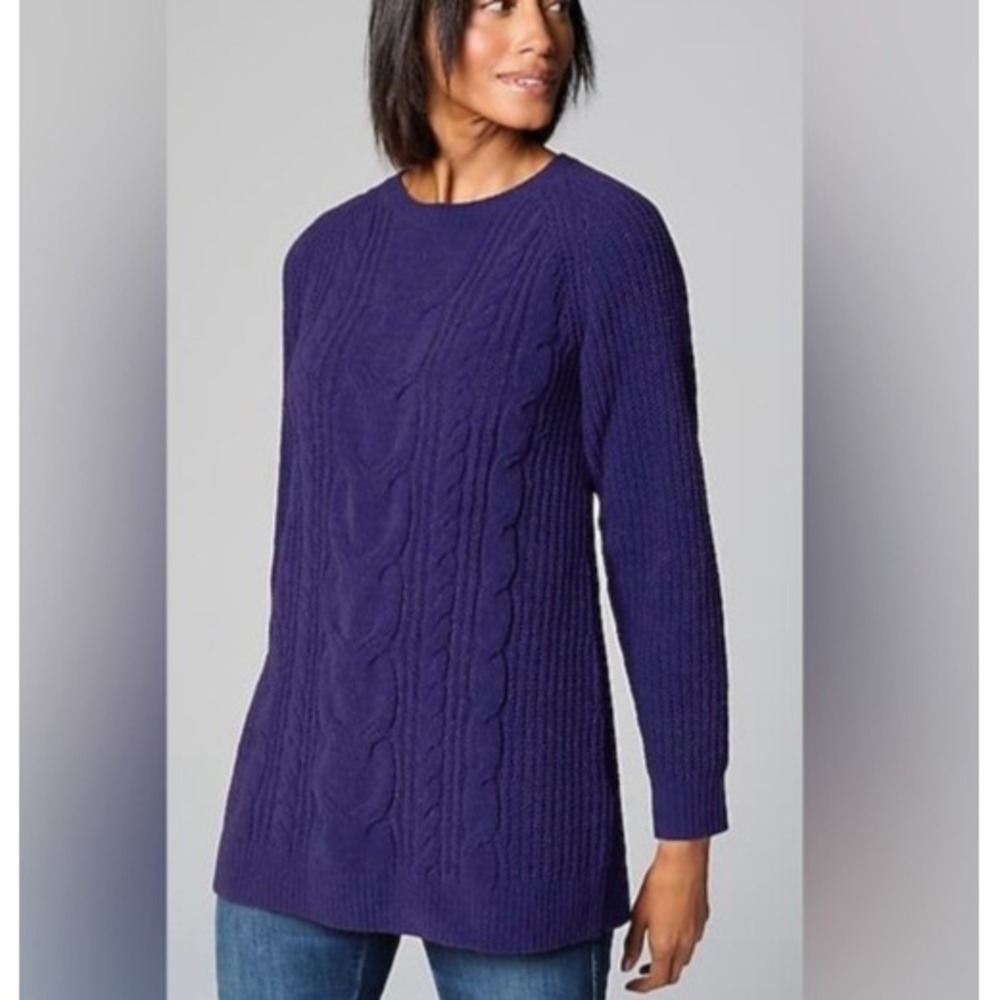 J Jill Sweater L Chenille Violet Purple Cable Knit Fisherman Crewneck  A011564